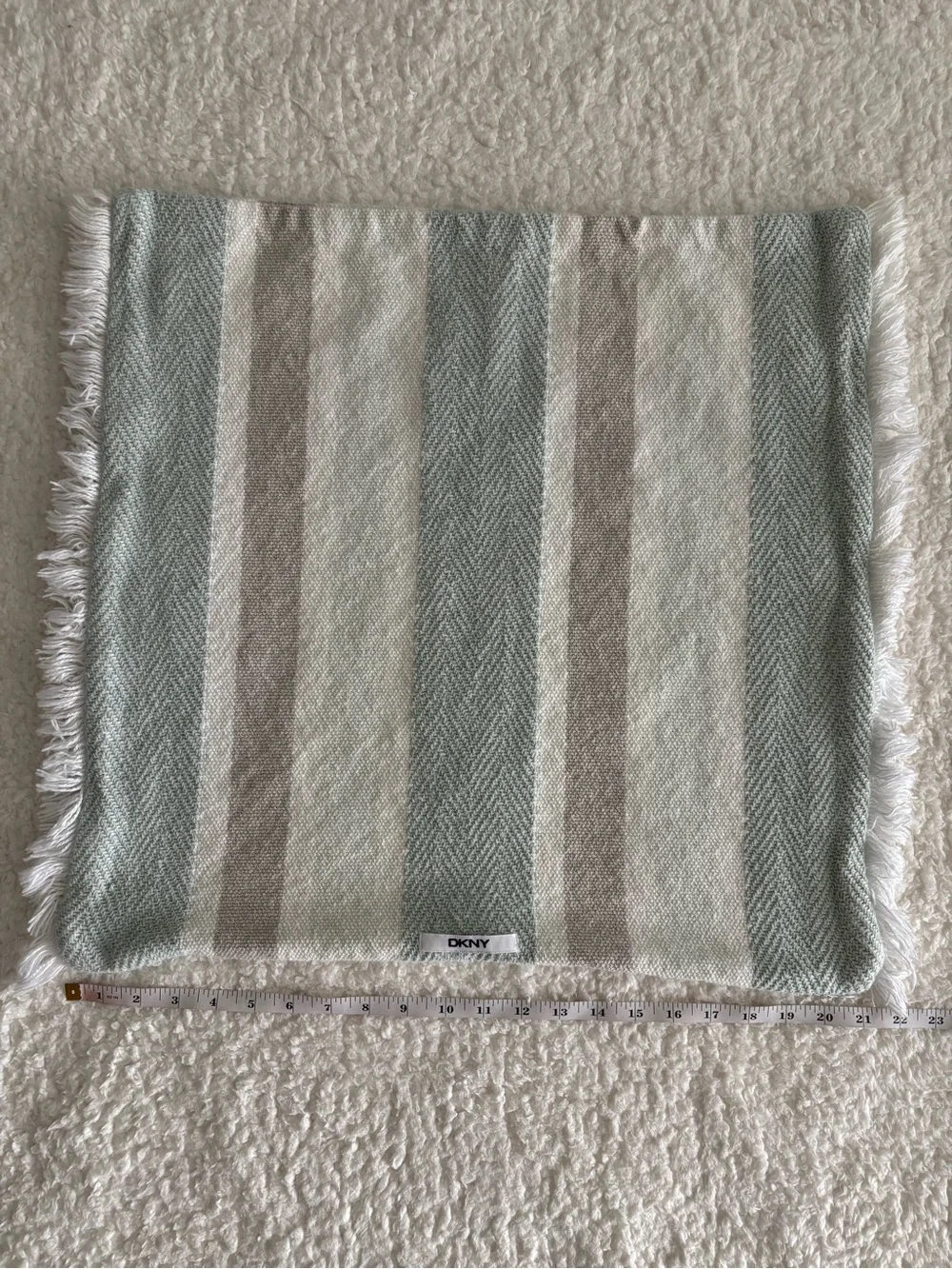 DKNY Decorative Throw Pillow Cover Sage Green Beige Striped Fringe 21x21
